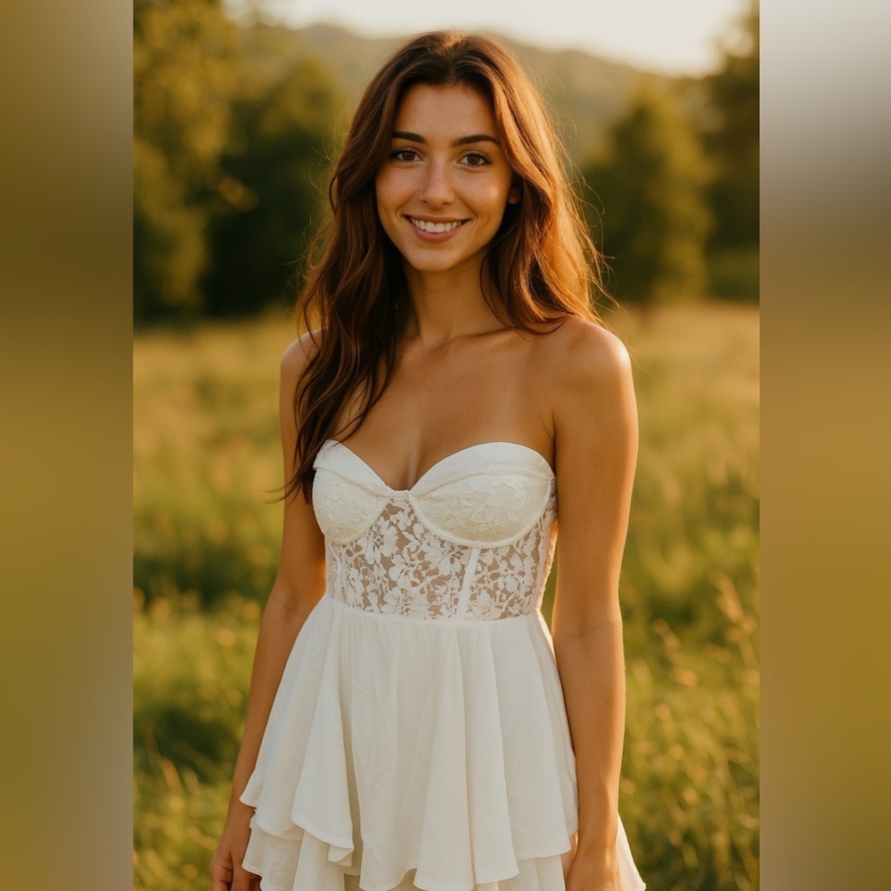 Saints & Secrets White Lace Corset Strapless Dress- Size Large